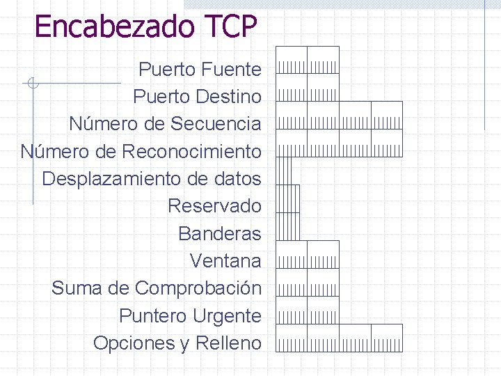 Encabezado TCP Puerto Fuente Puerto Destino Número de Secuencia Número de Reconocimiento Desplazamiento de