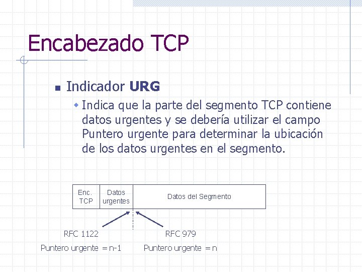 Encabezado TCP n Indicador URG w Indica que la parte del segmento TCP contiene