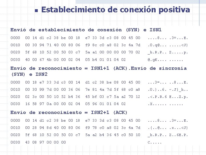 n Establecimiento de conexión positiva Envió de establecimiento de conexión (SYN) e ISN 1