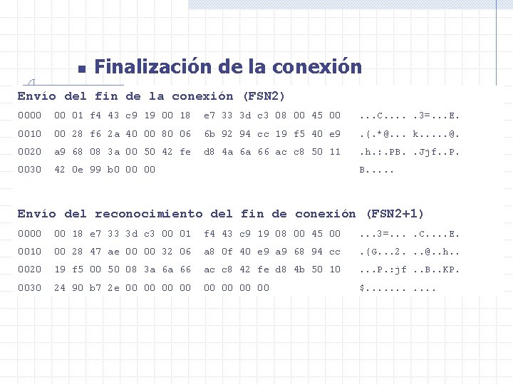 n Finalización de la conexión Envío del fin de la conexión (FSN 2) 0000