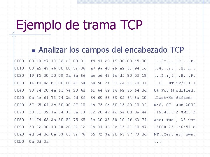 Ejemplo de trama TCP n Analizar los campos del encabezado TCP 0000 00 18