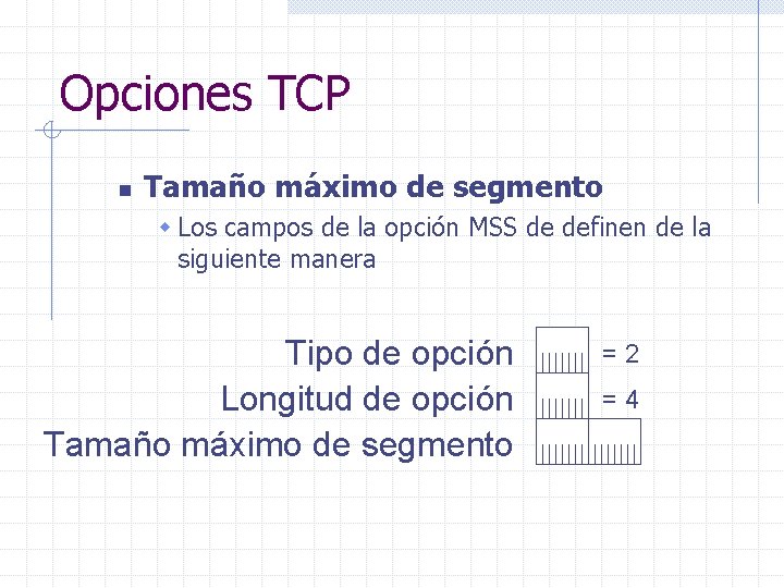 Opciones TCP n Tamaño máximo de segmento w Los campos de la opción MSS