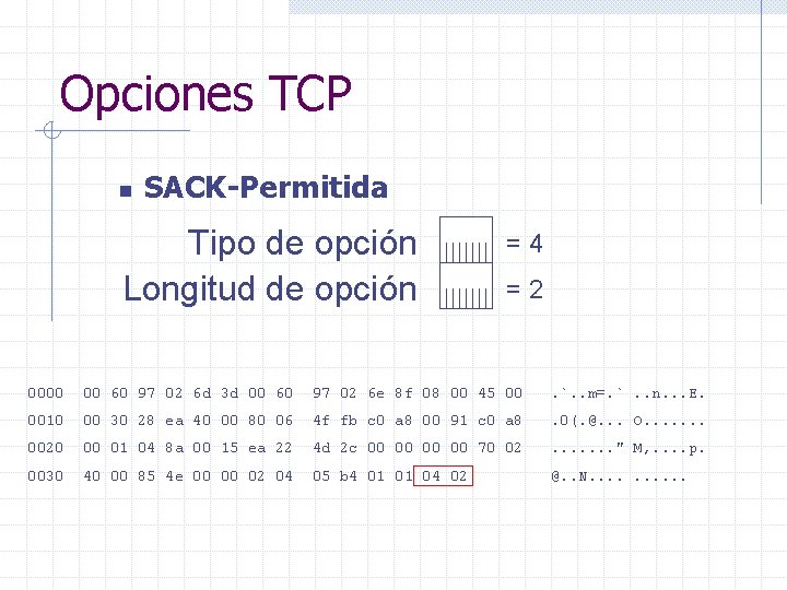 Opciones TCP n SACK-Permitida Tipo de opción Longitud de opción =4 =2 0000 00