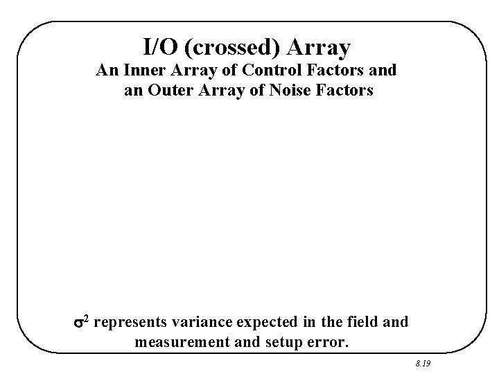 I/O (crossed) Array An Inner Array of Control Factors and an Outer Array of