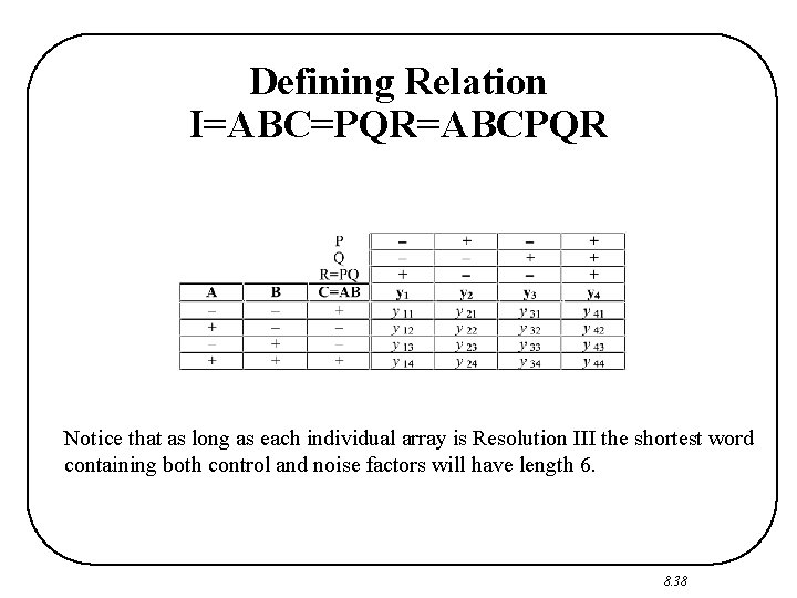 Defining Relation I=ABC=PQR=ABCPQR Notice that as long as each individual array is Resolution III