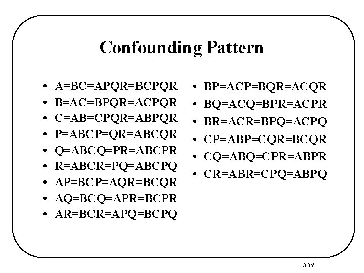 Confounding Pattern • • • A=BC=APQR=BCPQR B=AC=BPQR=ACPQR C=AB=CPQR=ABPQR P=ABCP=QR=ABCQR Q=ABCQ=PR=ABCPR R=ABCR=PQ=ABCPQ AP=BCP=AQR=BCQR AQ=BCQ=APR=BCPR AR=BCR=APQ=BCPQ