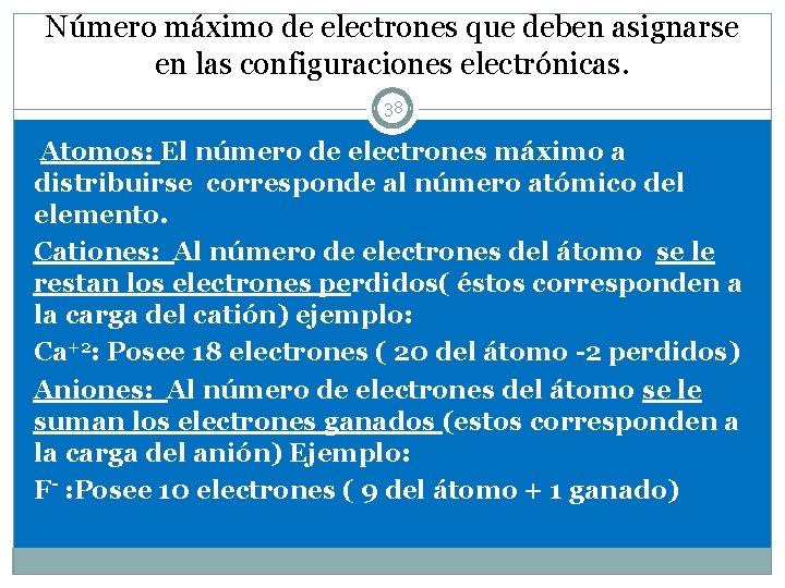 Número máximo de electrones que deben asignarse en las configuraciones electrónicas. 38 Atomos: El