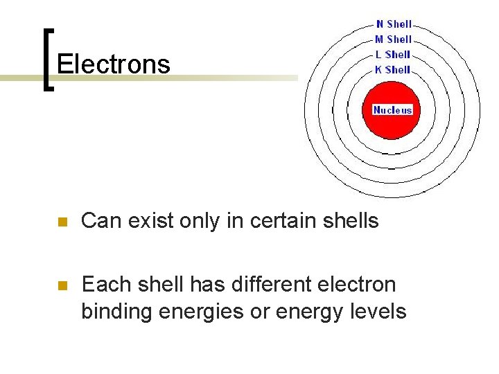 Electrons n Can exist only in certain shells n Each shell has different electron