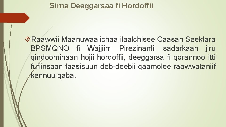 Sirna Deeggarsaa fi Hordoffii Raawwii Maanuwaalichaa ilaalchisee Caasan Seektara BPSMQNO fi Wajjiirri Pirezinantii sadarkaan