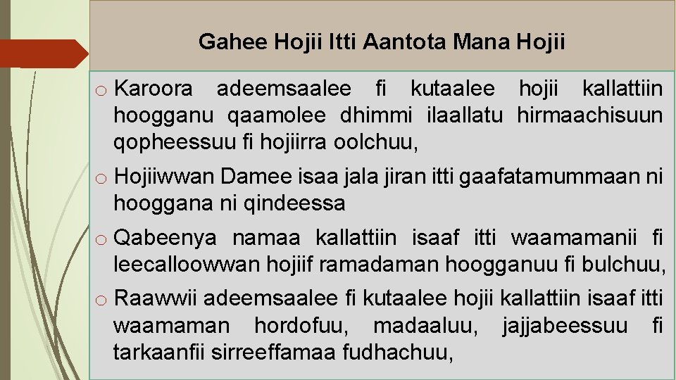 Gahee Hojii Itti Aantota Mana Hojii o Karoora adeemsaalee fi kutaalee hojii kallattiin hoogganu