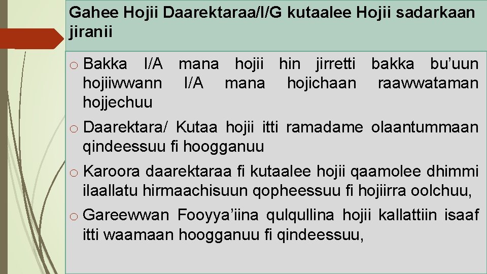 Gahee Hojii Daarektaraa/I/G kutaalee Hojii sadarkaan jiranii o Bakka I/A mana hojii hin jirretti