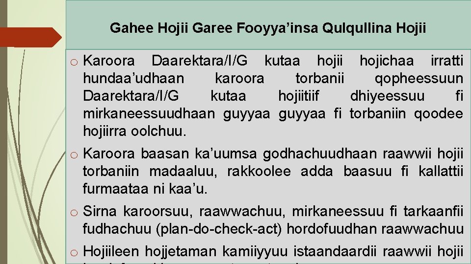 Gahee Hojii Garee Fooyya’insa Qulqullina Hojii o Karoora Daarektara/I/G kutaa hojii hojichaa irratti hundaa’udhaan