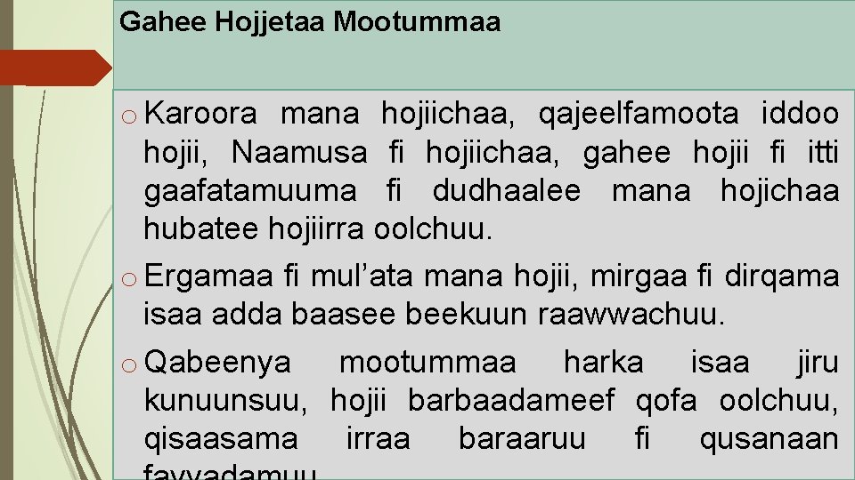 Gahee Hojjetaa Mootummaa o Karoora mana hojiichaa, qajeelfamoota iddoo hojii, Naamusa fi hojiichaa, gahee