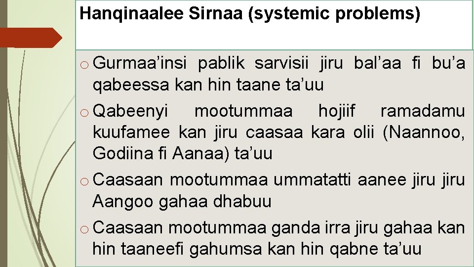 Hanqinaalee Sirnaa (systemic problems) o Gurmaa’insi pablik sarvisii jiru bal’aa fi bu’a qabeessa kan