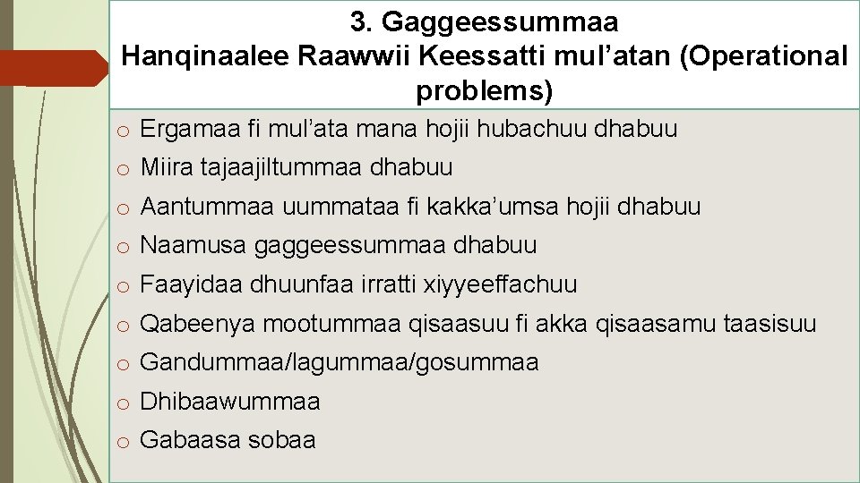 3. Gaggeessummaa Hanqinaalee Raawwii Keessatti mul’atan (Operational problems) o Ergamaa fi mul’ata mana hojii