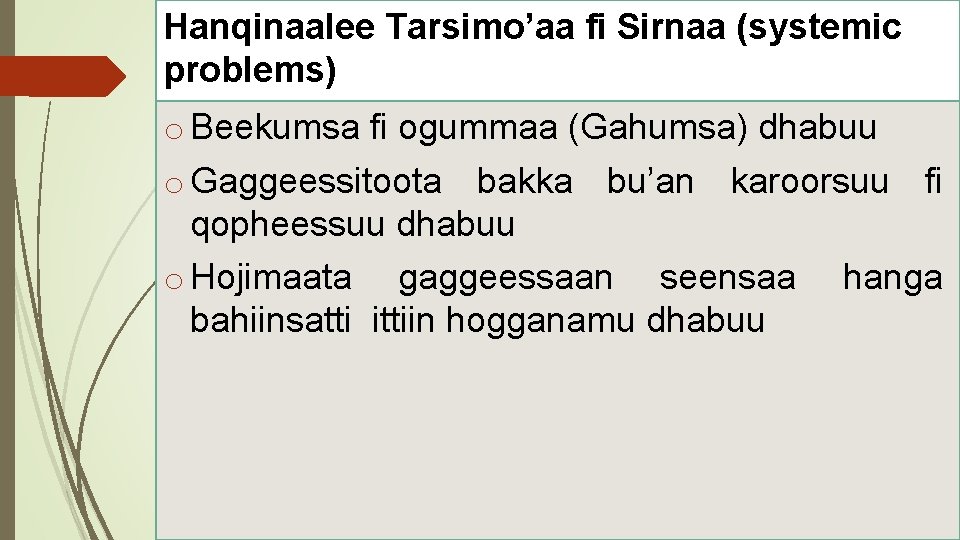 Hanqinaalee Tarsimo’aa fi Sirnaa (systemic problems) o Beekumsa fi ogummaa (Gahumsa) dhabuu o Gaggeessitoota