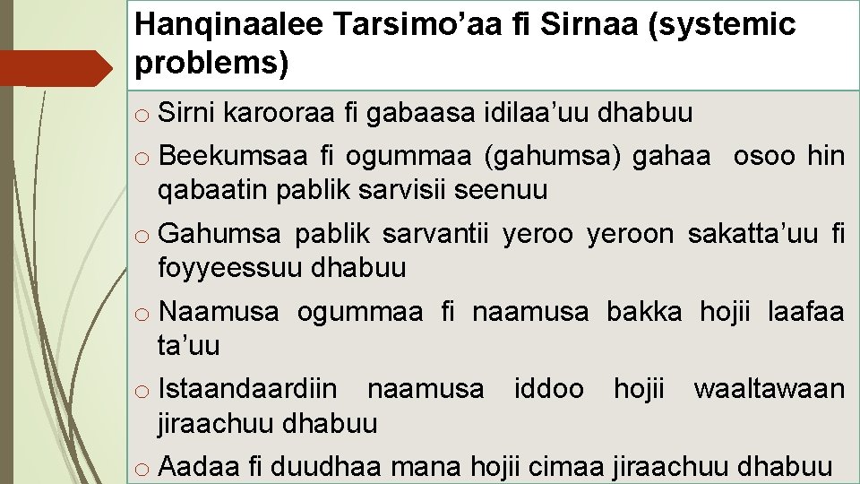 Hanqinaalee Tarsimo’aa fi Sirnaa (systemic problems) o Sirni karooraa fi gabaasa idilaa’uu dhabuu o
