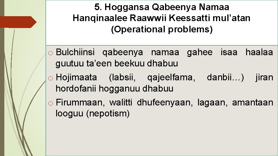 5. Hoggansa Qabeenya Namaa Hanqinaalee Raawwii Keessatti mul’atan (Operational problems) o Bulchiinsi qabeenya namaa