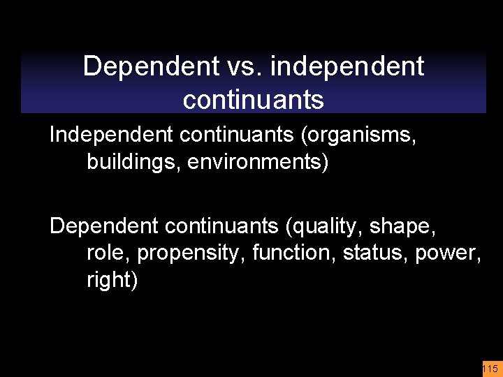 Dependent vs. independent continuants Independent continuants (organisms, buildings, environments) Dependent continuants (quality, shape, role,