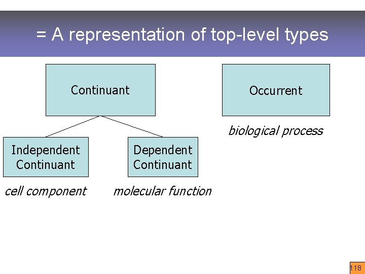 = A representation of top-level types Continuant Occurrent biological process Independent Continuant Dependent Continuant