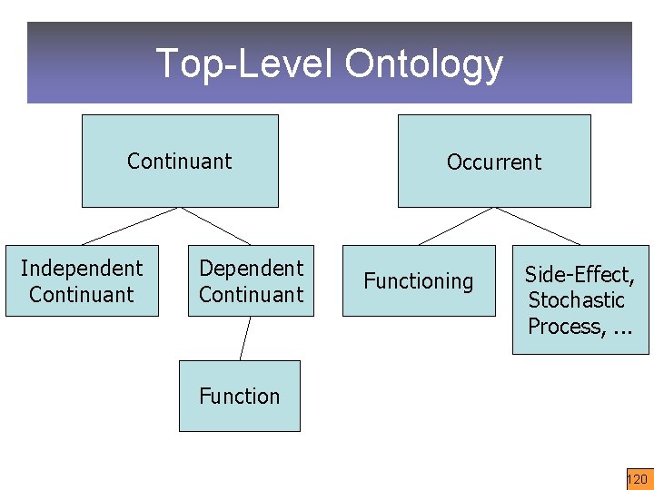 Top-Level Ontology Continuant Independent Continuant Dependent Continuant Occurrent Functioning Side-Effect, Stochastic Process, . .