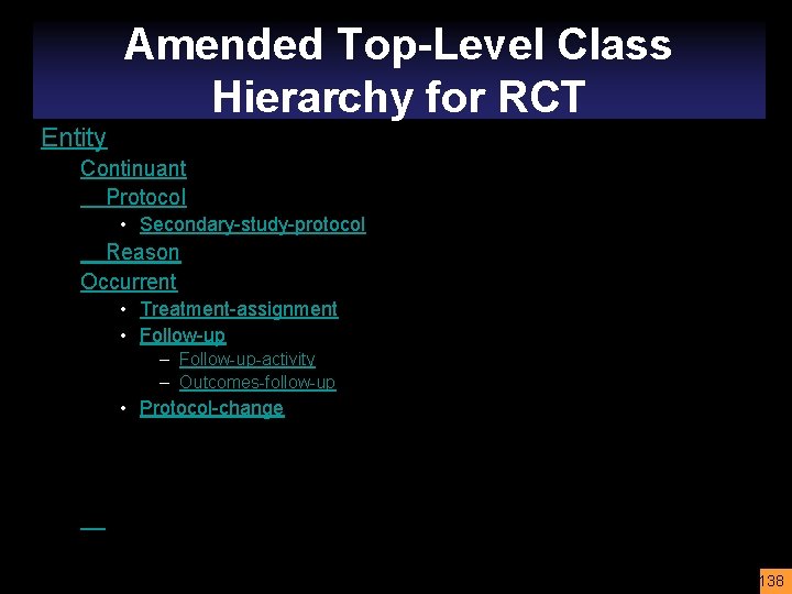 Amended Top-Level Class Hierarchy for RCT Entity Continuant Protocol • Secondary-study-protocol Reason Occurrent •