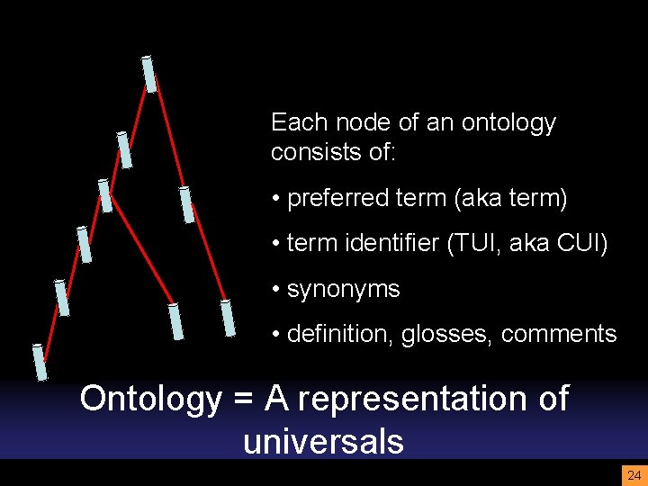 Each node of an ontology consists of: • preferred term (aka term) • term