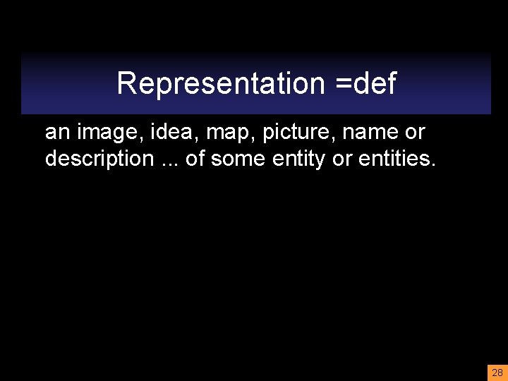 Representation =def an image, idea, map, picture, name or description. . . of some