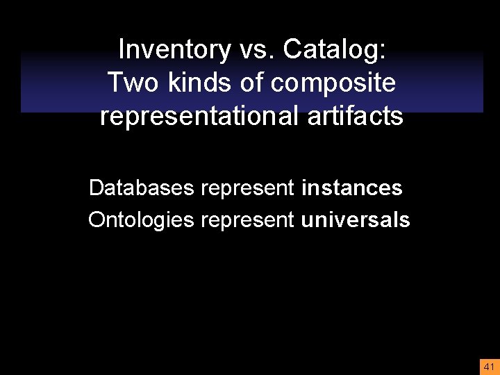 Inventory vs. Catalog: Two kinds of composite representational artifacts Databases represent instances Ontologies represent