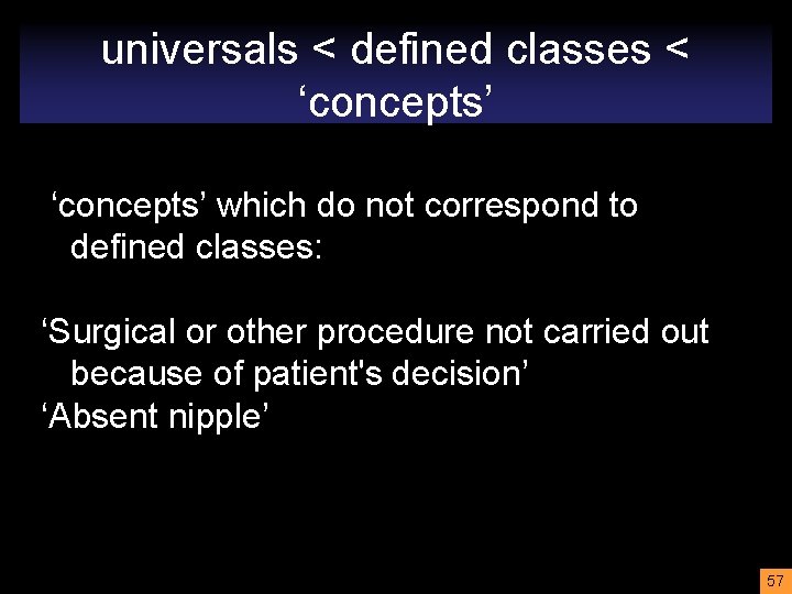 universals < defined classes < ‘concepts’ which do not correspond to defined classes: ‘Surgical