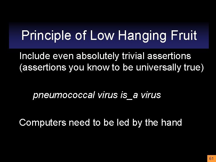 Principle of Low Hanging Fruit Include even absolutely trivial assertions (assertions you know to