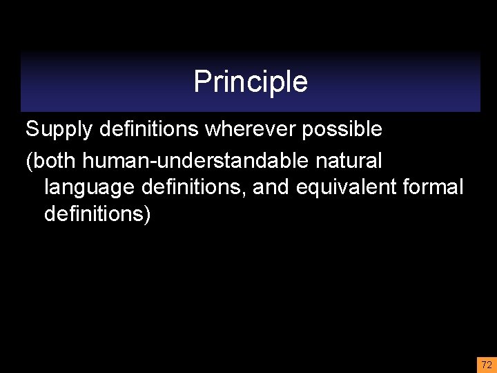 Principle Supply definitions wherever possible (both human-understandable natural language definitions, and equivalent formal definitions)