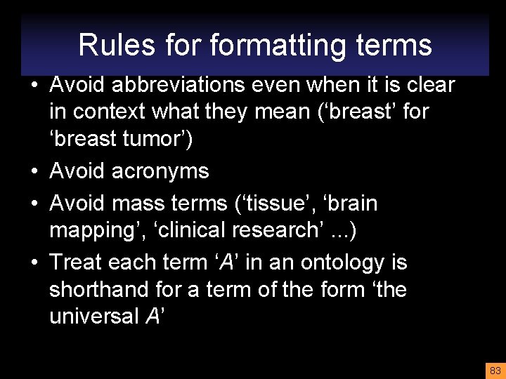 Rules formatting terms • Avoid abbreviations even when it is clear in context what