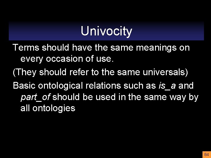 Univocity Terms should have the same meanings on every occasion of use. (They should