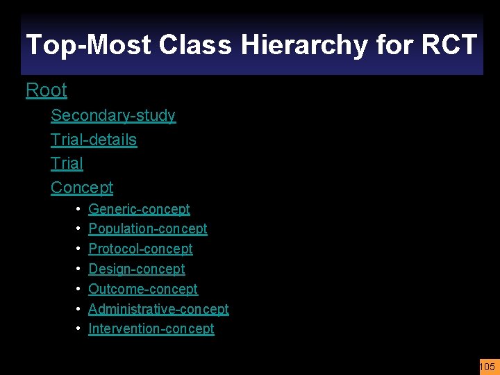 Top-Most Class Hierarchy for RCT Root Secondary-study Trial-details Trial Concept • • Generic-concept Population-concept