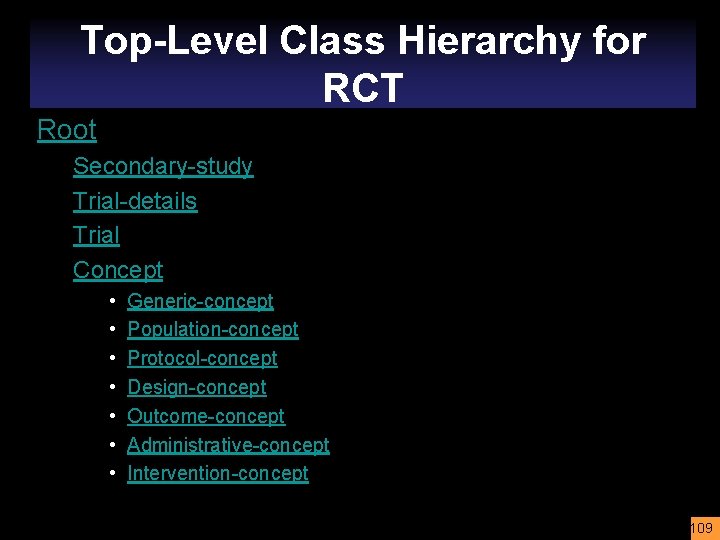 Top-Level Class Hierarchy for RCT Root Secondary-study Trial-details Trial Concept • • Generic-concept Population-concept