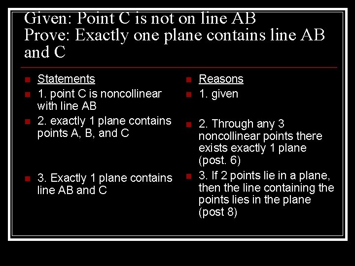 Given: Point C is not on line AB Prove: Exactly one plane contains line