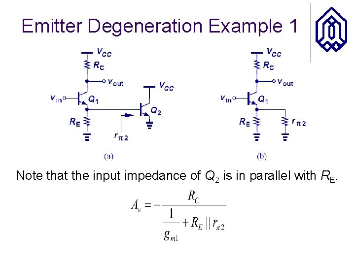 Emitter Degeneration Example 1 Note that the input impedance of Q 2 is in