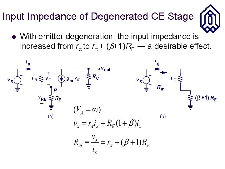 Input Impedance of Degenerated CE Stage l With emitter degeneration, the input impedance is