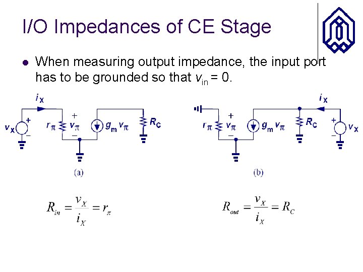 I/O Impedances of CE Stage l When measuring output impedance, the input port has