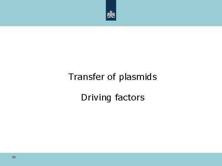 Transfer of plasmids Driving factors 30 