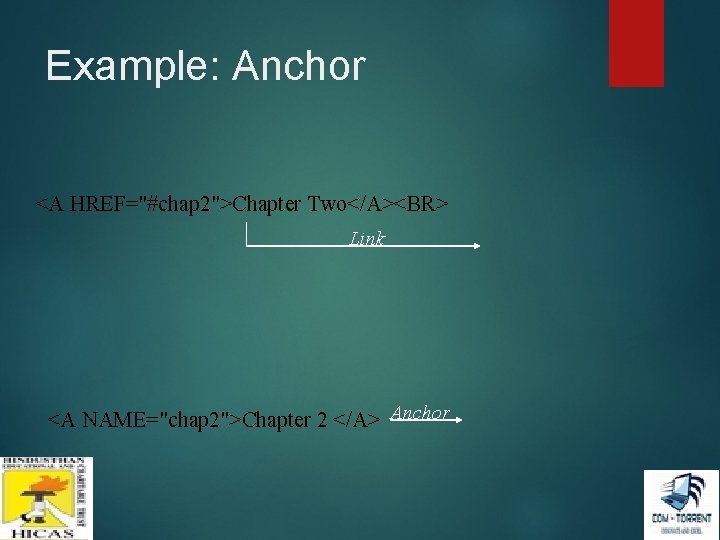 Example: Anchor <A HREF="#chap 2">Chapter Two</A><BR> Link <A NAME="chap 2">Chapter 2 </A> Anchor Example: Anchor <A HREF="#chap 2">Chapter Two</A><BR> Link <A NAME="chap 2">Chapter 2 </A> Anchor