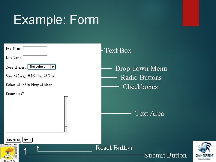Example: Form Text Box Drop-down Menu Radio Buttons Checkboxes Text Area Reset Button Submit Example: Form Text Box Drop-down Menu Radio Buttons Checkboxes Text Area Reset Button Submit