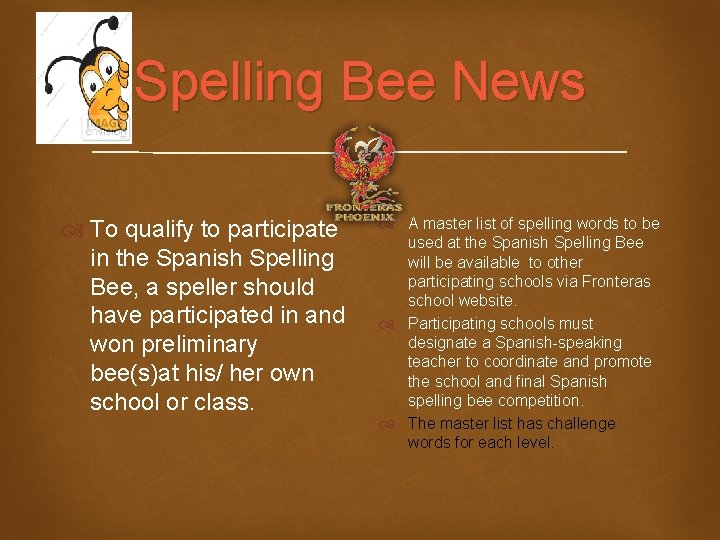 Spelling Bee News To qualify to participate in the Spanish Spelling Bee, a speller
