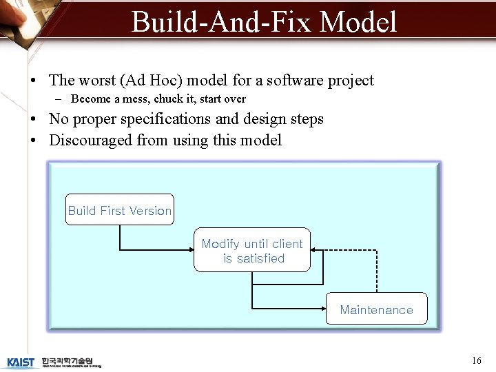 Build-And-Fix Model • The worst (Ad Hoc) model for a software project – Become