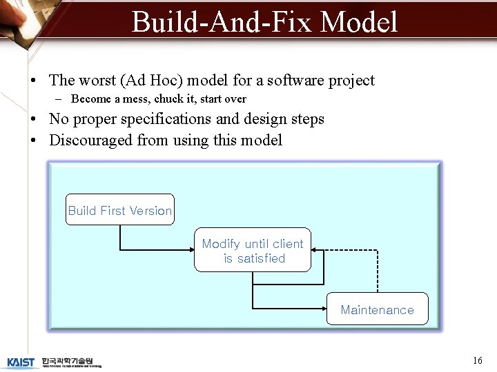 Build-And-Fix Model • The worst (Ad Hoc) model for a software project – Become Build-And-Fix Model • The worst (Ad Hoc) model for a software project – Become