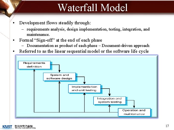 Waterfall Model • Development flows steadily through: – requirements analysis, design implementation, testing, integration,