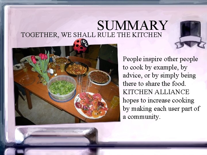 SUMMARY TOGETHER, WE SHALL RULE THE KITCHEN People inspire other people to cook by