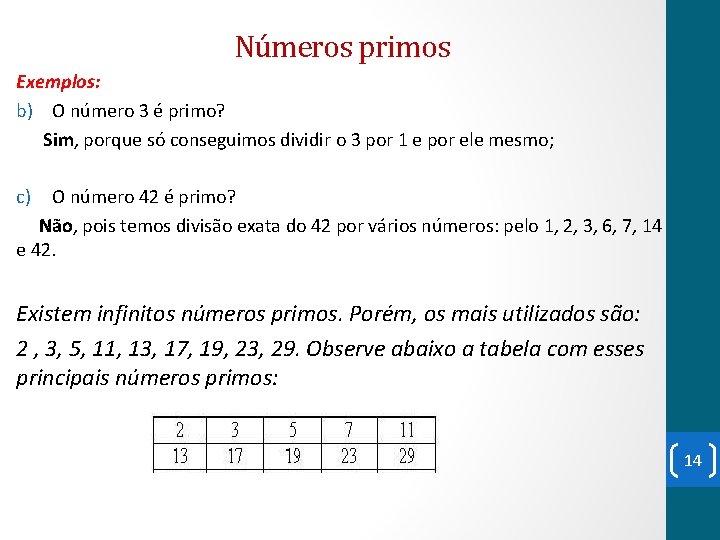 Números primos Exemplos: b) O número 3 é primo? Sim, porque só conseguimos dividir