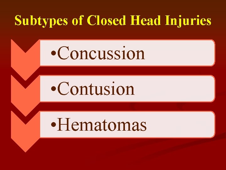 Subtypes of Closed Head Injuries • Concussion • Contusion • Hematomas 
